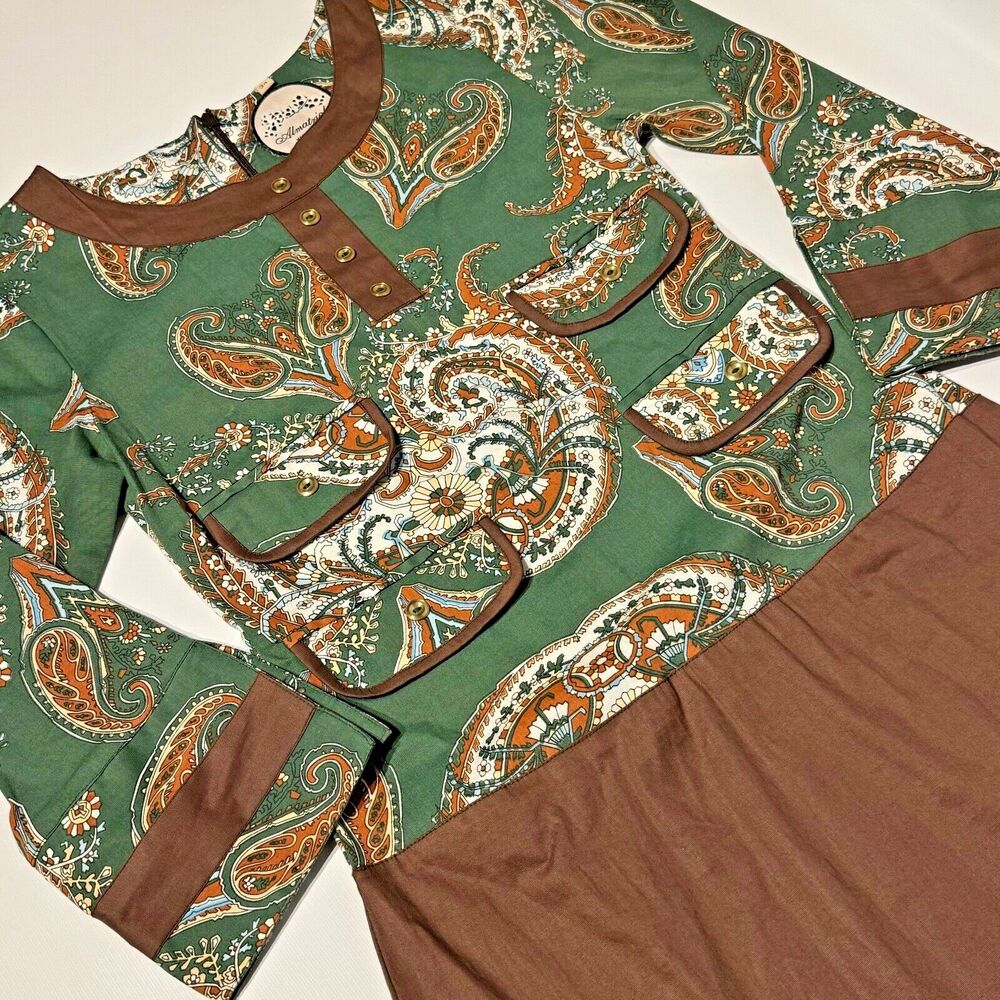 Women's Almatrichi Madrid  Spain Brown and Green Paisley Pocket Dress 34 Small